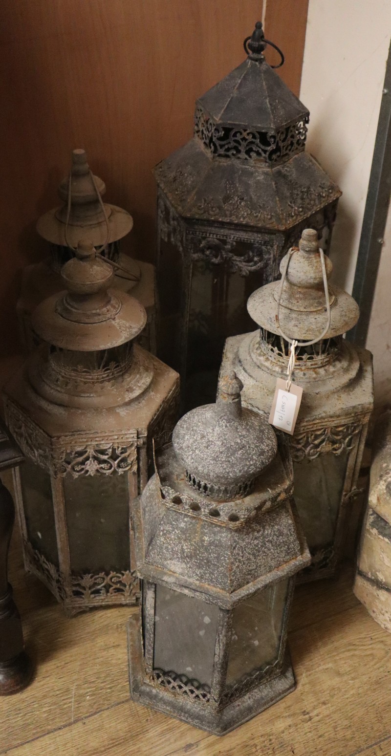 Five assorted aged metal hexagonal Indian lanterns, largest H.58cm